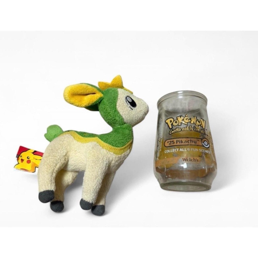 Pokemon Deerling Plush 2011 Jakks + 1999 Welch's Pikachu Glass Vintage Lot